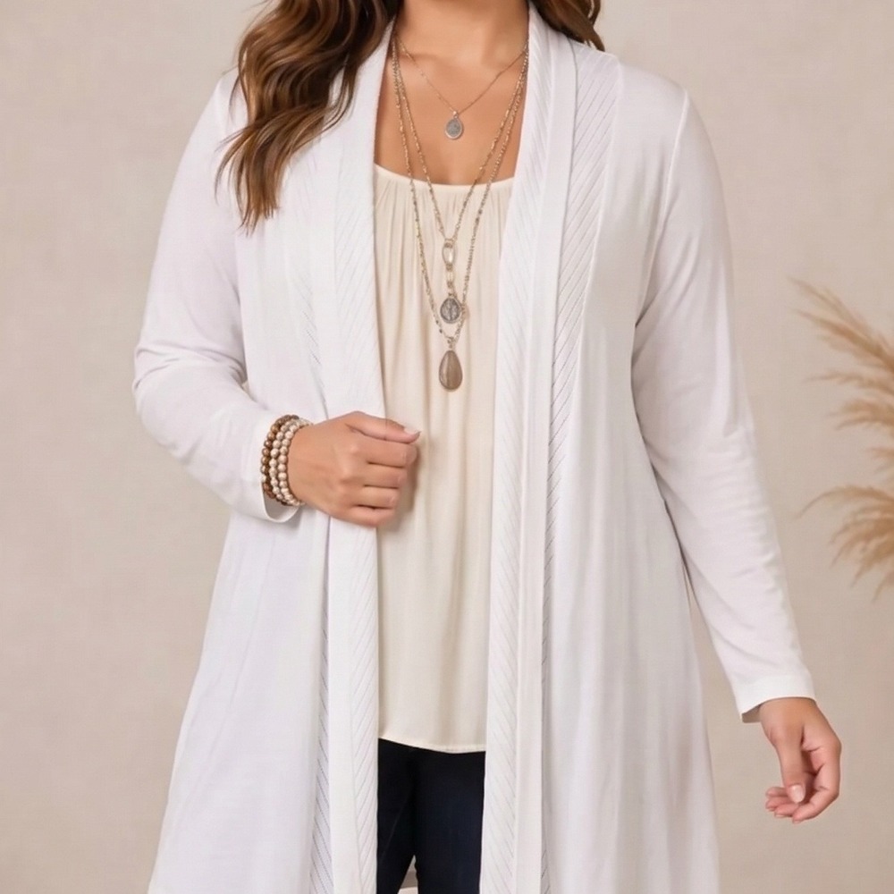 Chelsea & Theodore White Pointelle Trim Open Front Cardigan Rayon Large Womens